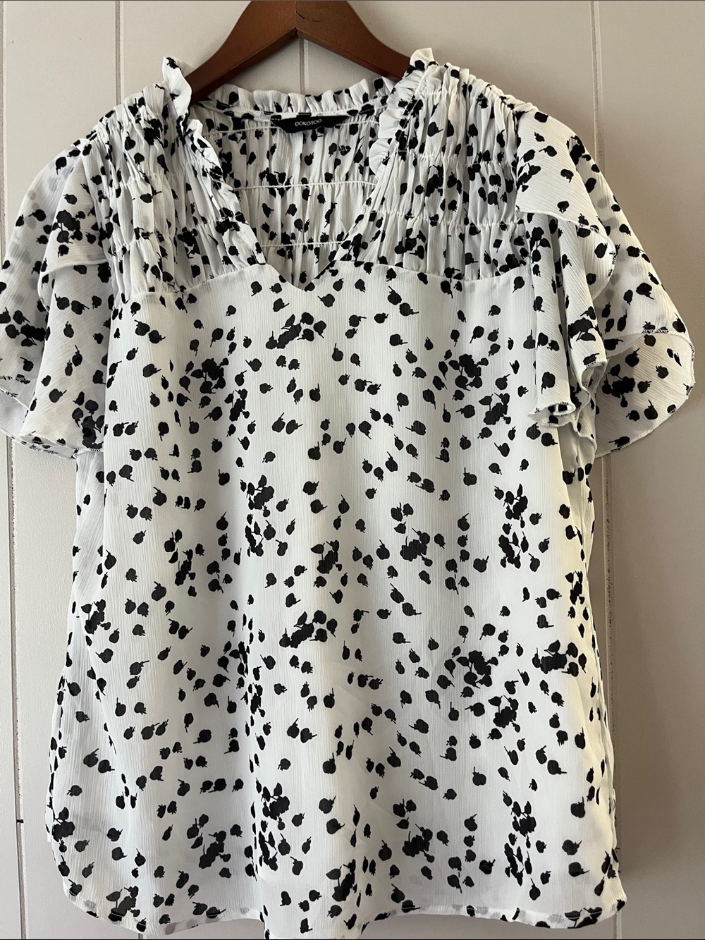 Chaps White Blouse with Black Dot Print and Ruffle V-Neck